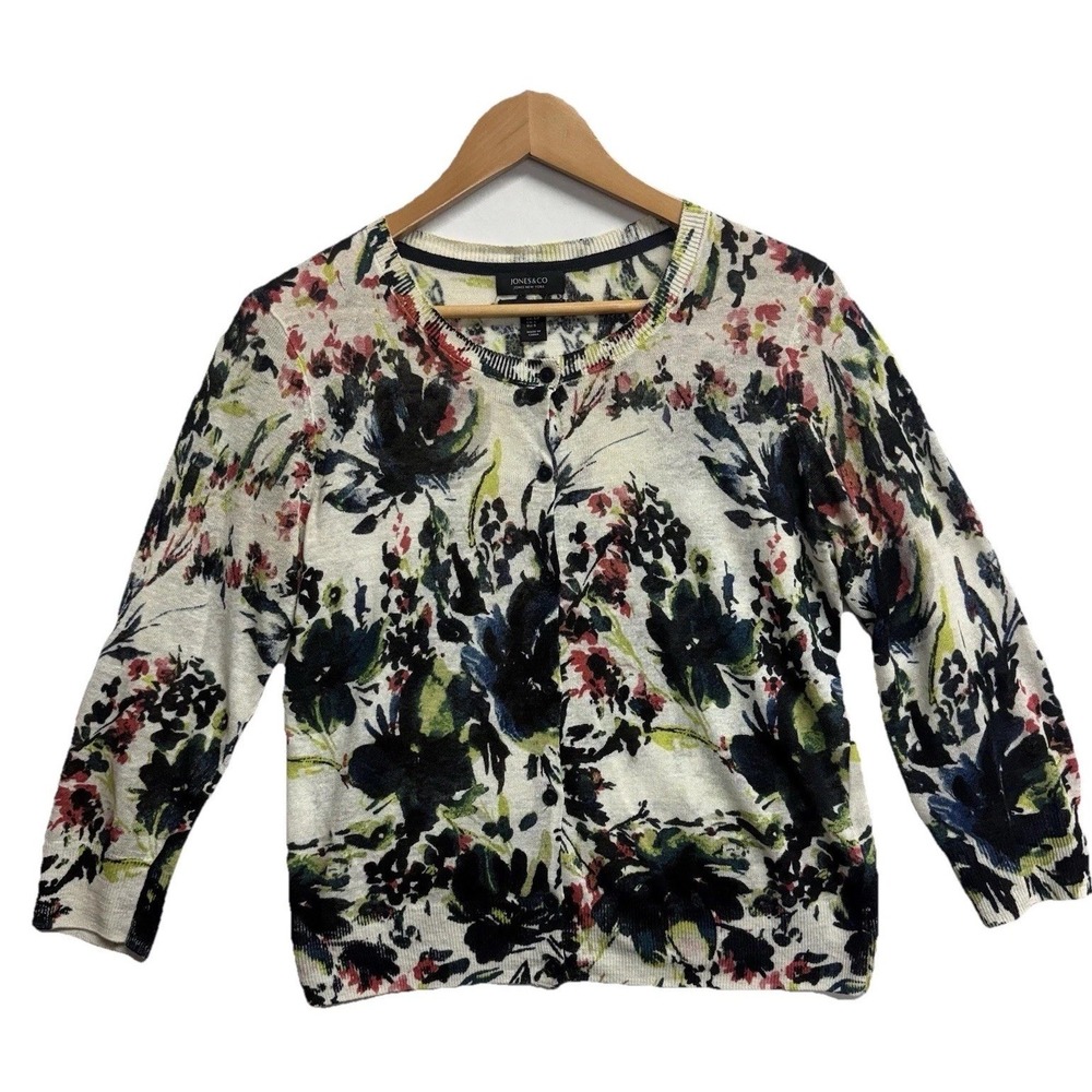 Jones New‎ York Linen Floral Cardigan Women's Small Button Front Lightweight